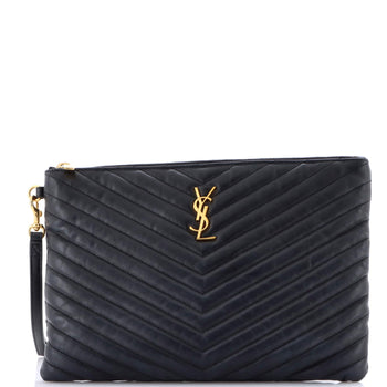 Saint Laurent Classic Monogram Wristlet Pouch Matelasse Chevron Leather Medium