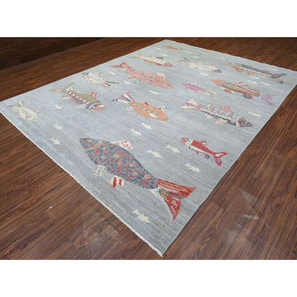 9'2"X11'9" Light Gray Soft Wool Hand Knotted Afghan Peshawar Rug