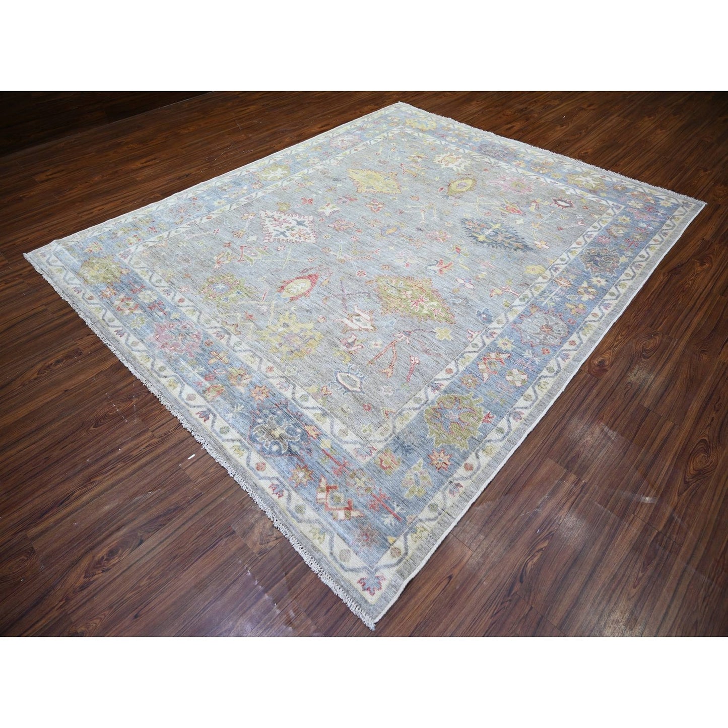 8'1"X9'10" Cloud Gray Afghan Angora Oushak Soft Wool Hand Knotted Rug