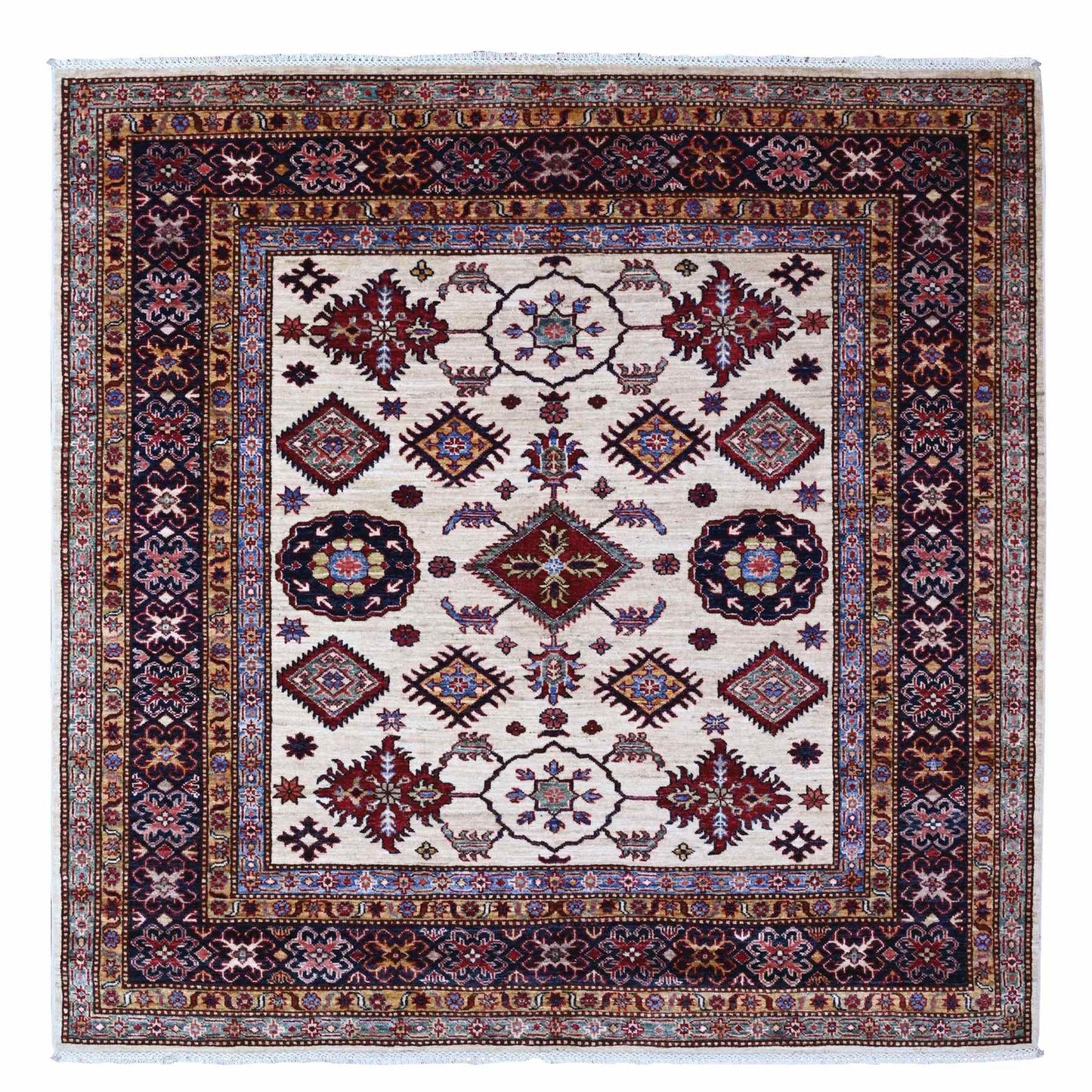 6'X6' White Pepper Hand Knotted Geometric Patterns Super Kazak Square Rug