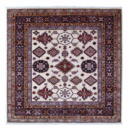 6'X6' White Pepper Hand Knotted Geometric Patterns Super Kazak Square Rug