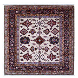 6'X6' White Pepper Hand Knotted Geometric Patterns Super Kazak Square Rug