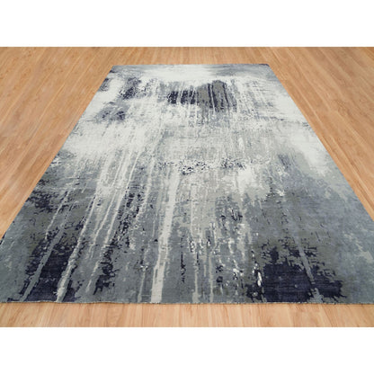 10'1"X14'1" Black Hand Knotted Modern Abstract Design Wool And Silk Rug
