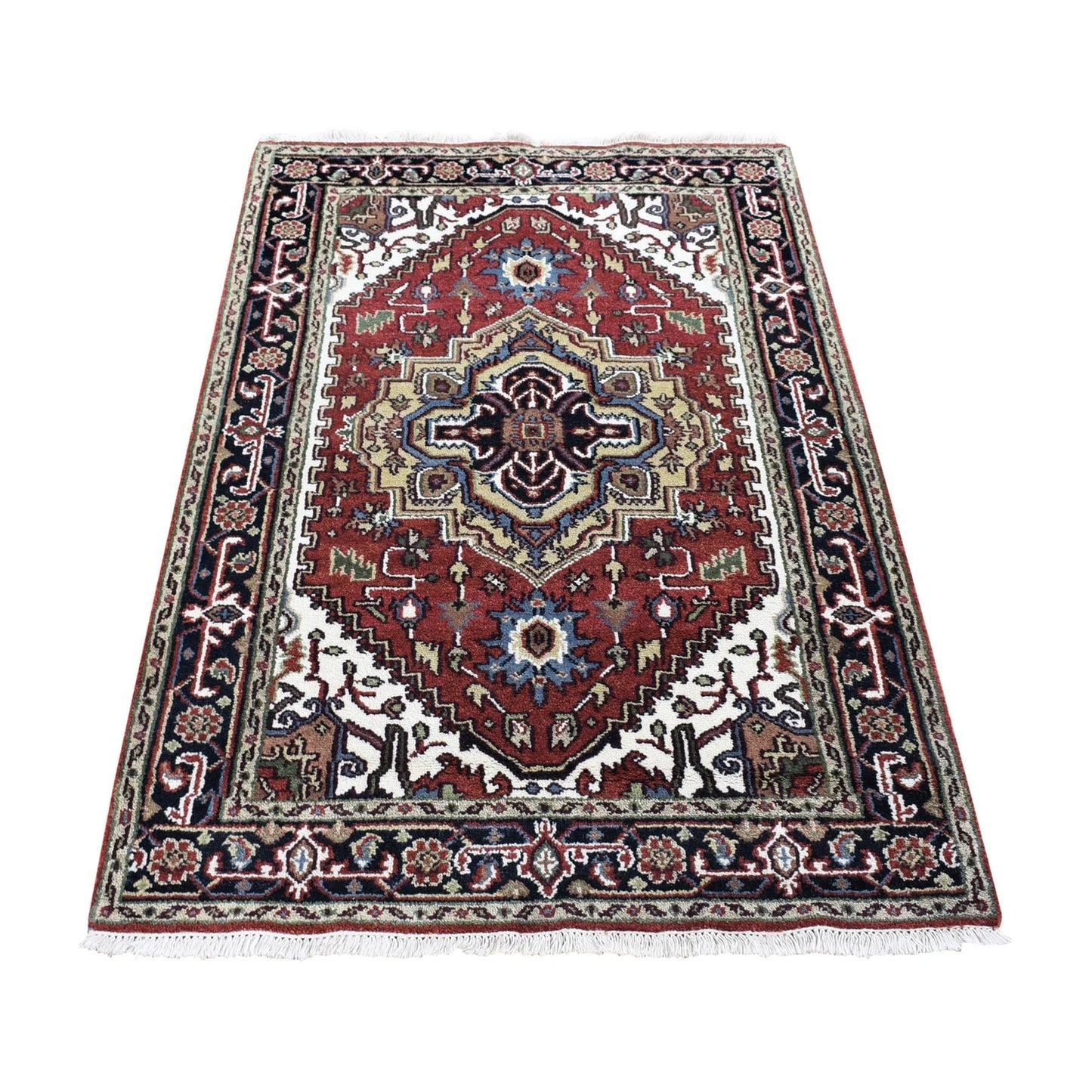 3'10"X6'1" Rich Red, Heris Revival, Hand Knotted Pure Wool, Oriental Rug