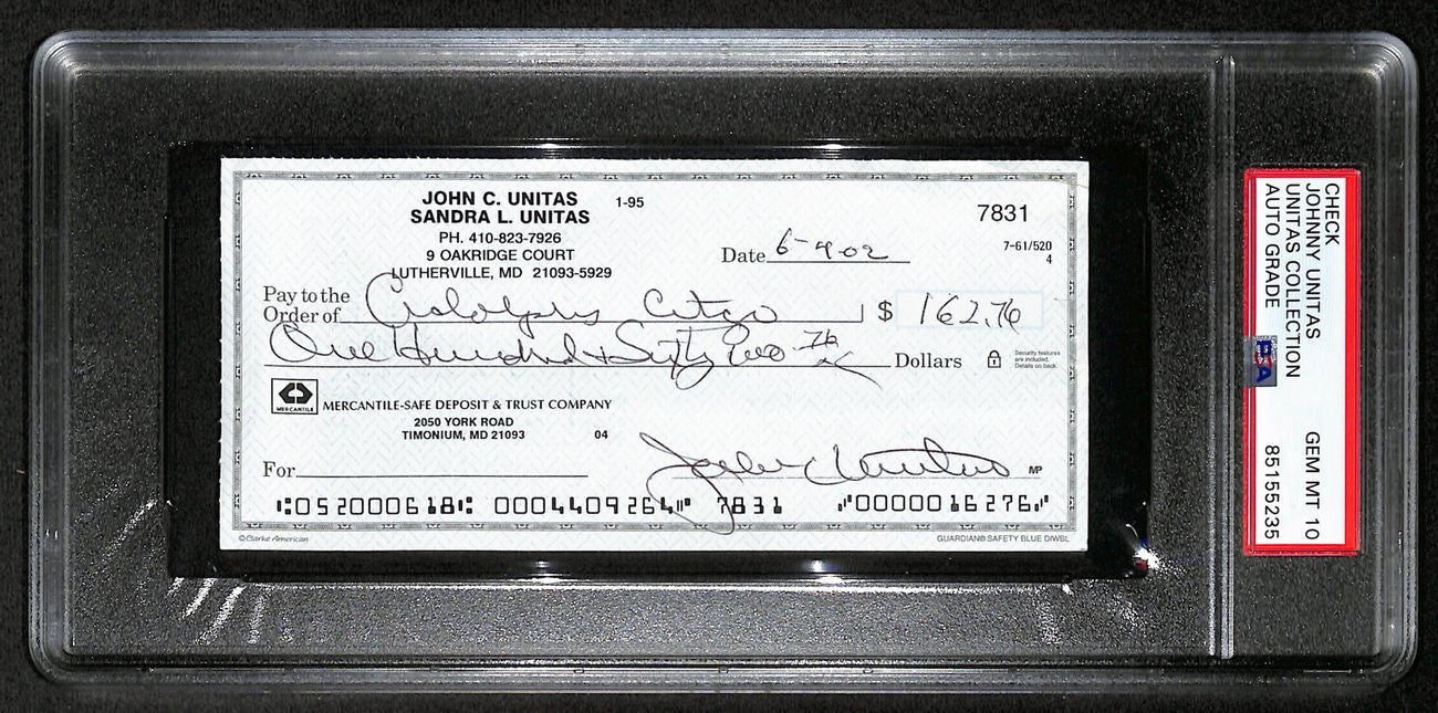 Johnny Unitas Signed 6/3/02 Check Psa/Dna Gem Mt 10 188646