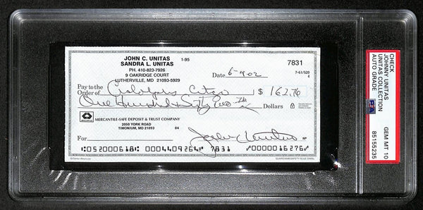 Johnny Unitas Signed 6/3/02 Check Psa/Dna Gem Mt 10 188646