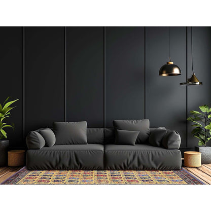 6'1"X8'10" Yellow Afghan Caucasian Design Revival Hand Knotted All Wool Rug