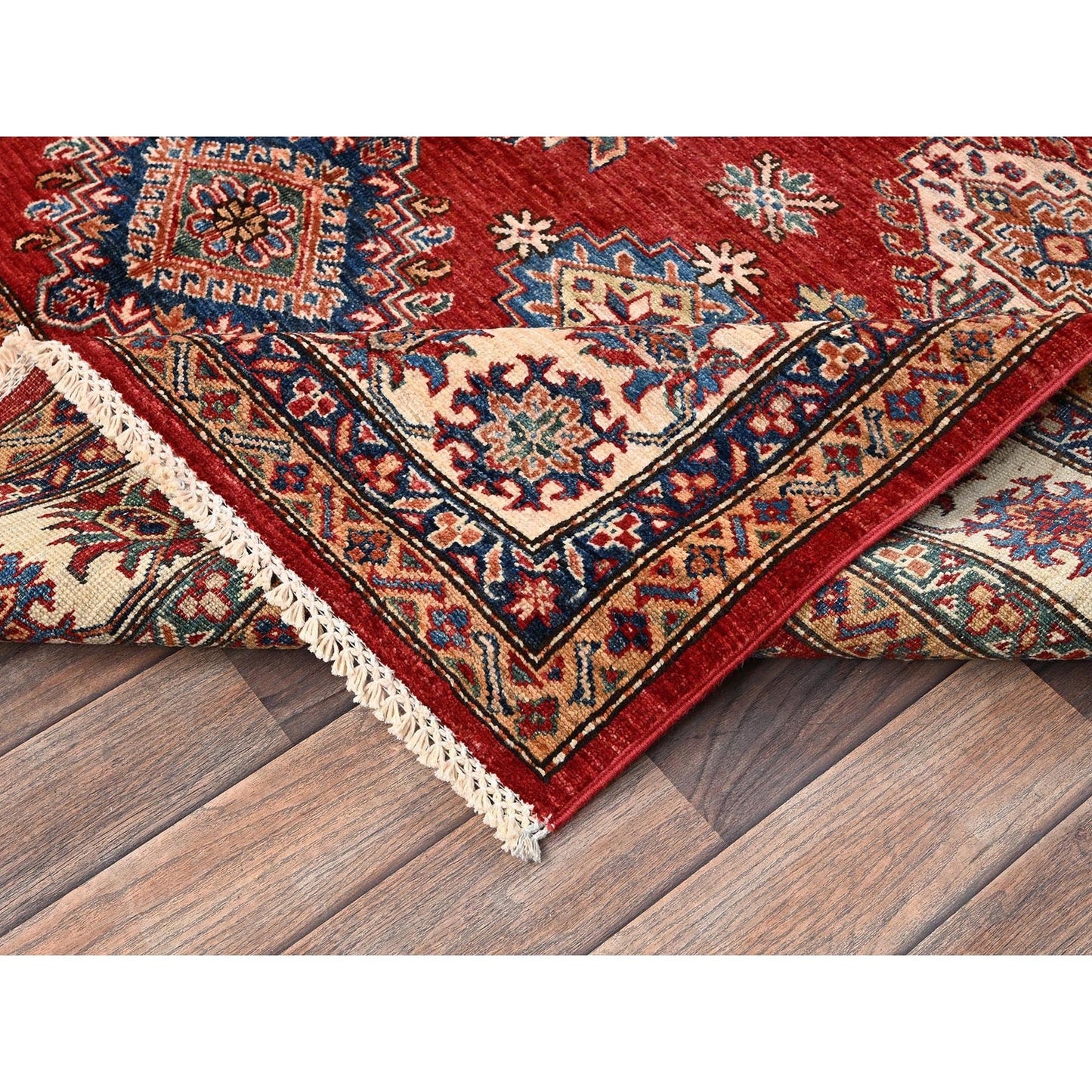 6'2"X8'6" Red Hand Knotted Afghan Super Kazak Medallions Design Wool Rug