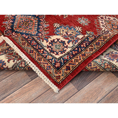 6'2"X8'6" Red Hand Knotted Afghan Super Kazak Medallions Design Wool Rug