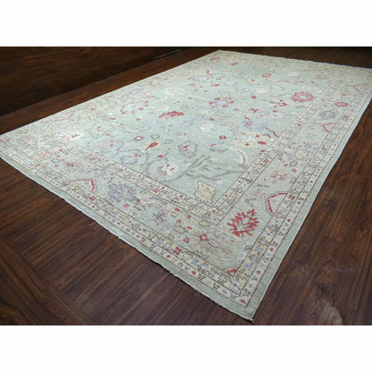 11'9"X17'3" Angora Oushak Soft Wool Hand Knotted Soft Green Oversized Rug