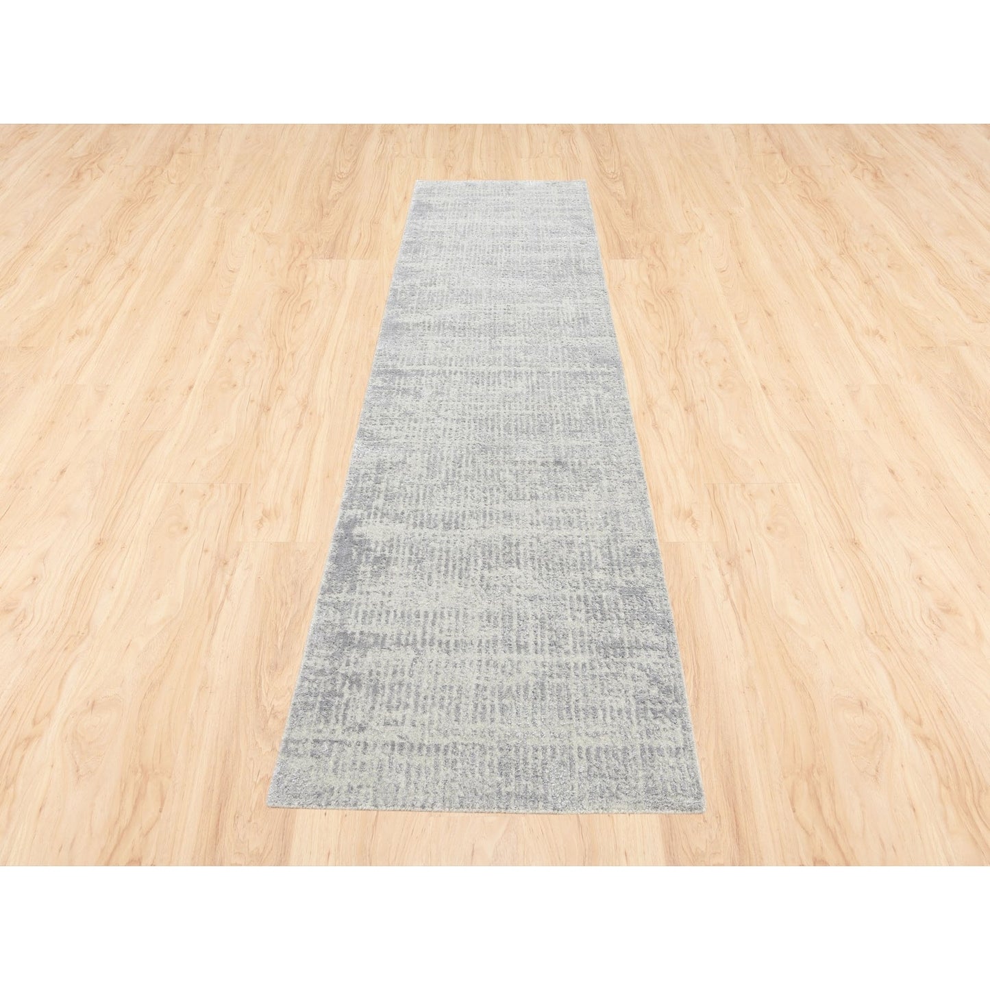 2'7"X10' Fine Jacquard Gray Hand Loomed Modern Wool And Silk Runner Rug