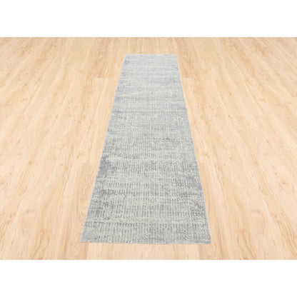 2'7"X10' Fine Jacquard Gray Hand Loomed Modern Wool And Silk Runner Rug