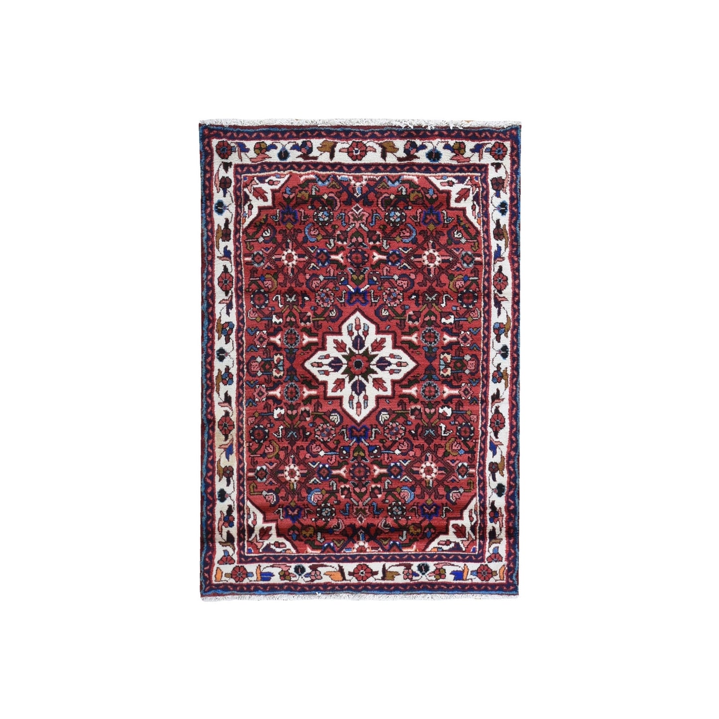3'6"X5'1" Red New Farsian Amadan Flower Medallion Design Handknotted Rug