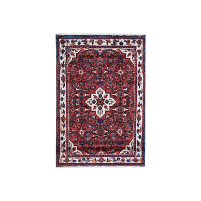 3'6"X5'1" Red New Farsian Amadan Flower Medallion Design Handknotted Rug