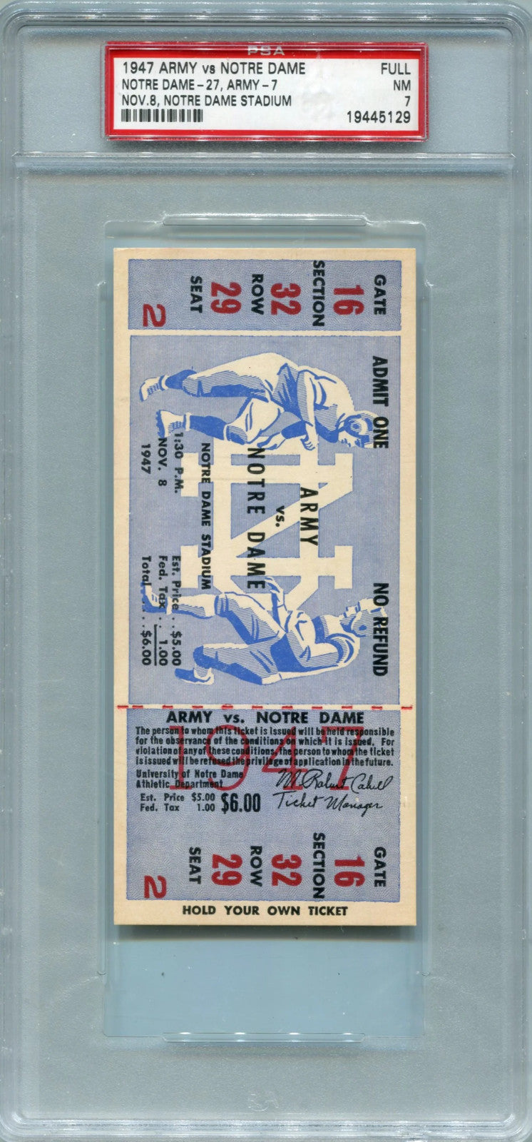 1947 Army Vs. Notre Dame November 8. Notre Dame Stadium Full Game Ticket Psa 7