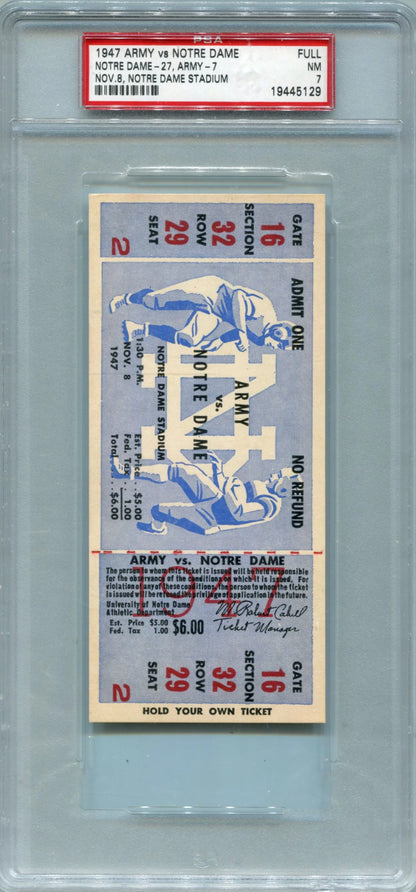 1947 Army Vs. Notre Dame November 8. Notre Dame Stadium Full Game Ticket Psa 7