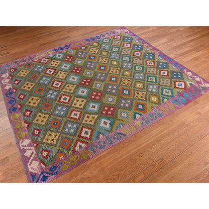 8'4"X9'10" Pickle Green 100% Wool Afghan Kilim Flat Weave Hand Woven Rug