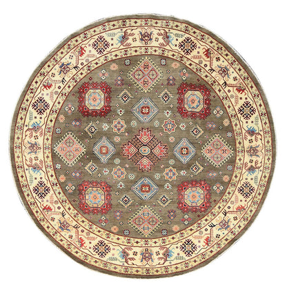 Rug 9'x9' Taupe Brown Special Kazak Pure Wool Hand Knotted Round Oriental