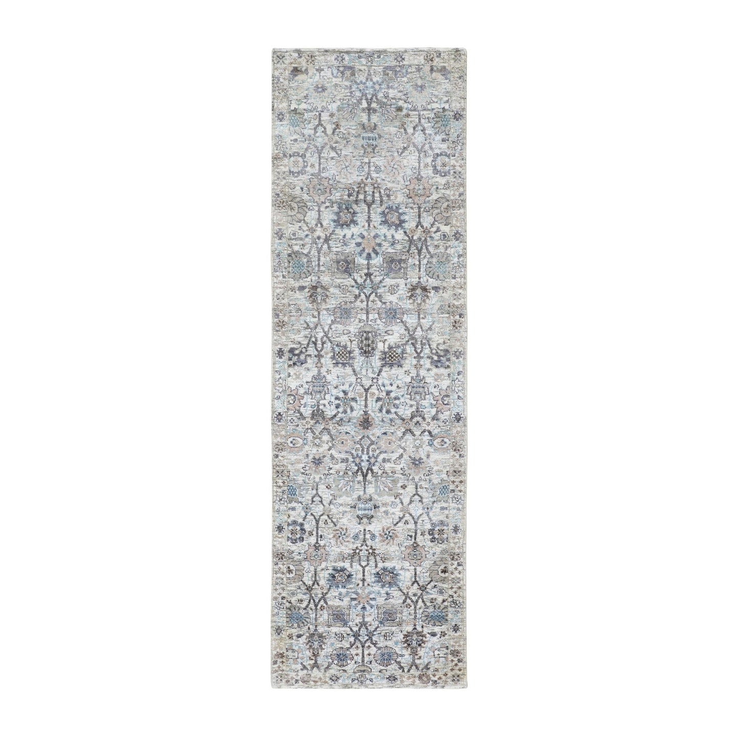 2'5"X8' Ivory Silk With Textured Wool Tebraz Design Hand Knotted Rug