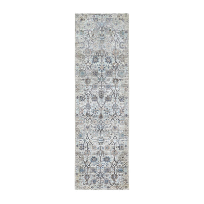 2'5"X8' Ivory Silk With Textured Wool Tebraz Design Hand Knotted Rug