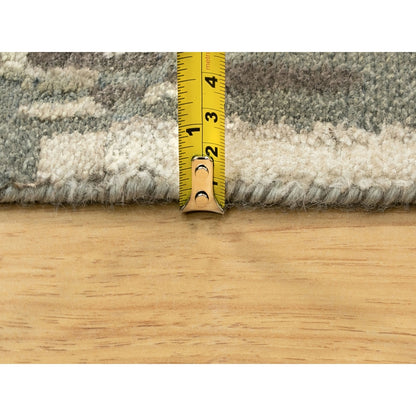 4'X12' Hand Knotted Taupe Abstract Design Wool Silk Runner Hi-Low Rug