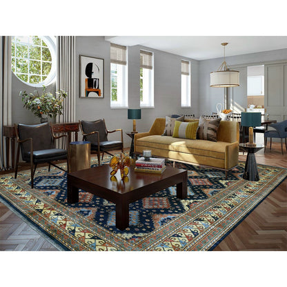 10'1"X13'3" Navy Blue Afghan Ersari Geometric Design Handknotted Wool Rug