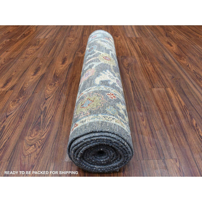 3'2"X13'9" Charcoal Black Angora Oushak Pure Wool Hand Knotte Runner Rug
