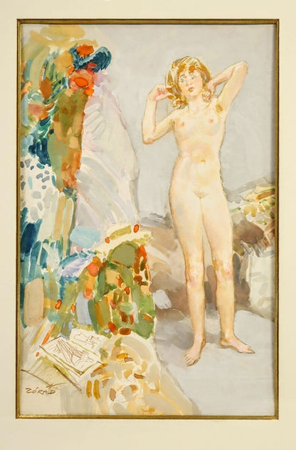 Erno Zorad (Hungary) Signed Original Watercolor On Paper Nude Painting Framed
