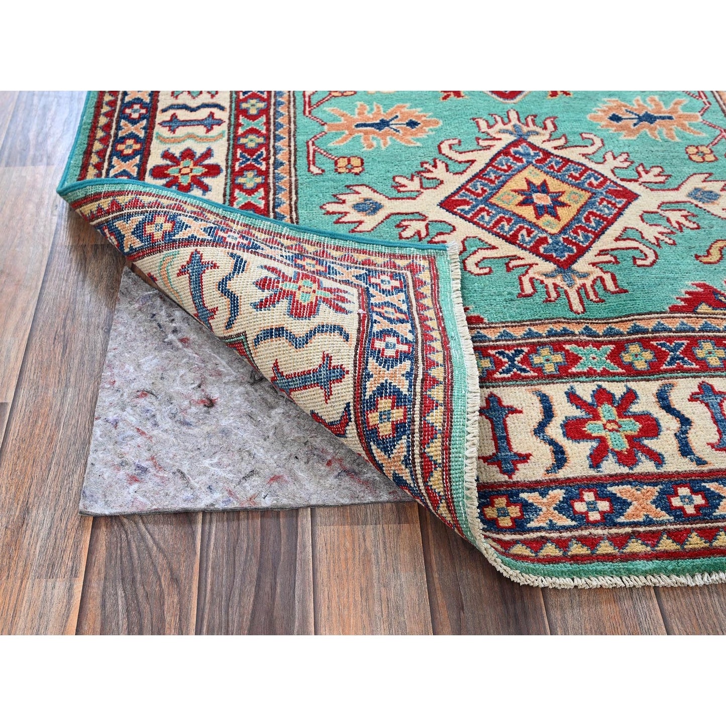 4'X5'10" Green Kazak With Tribal Medallions Design Wool Hand Knotted Rug