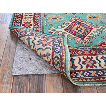 4'X5'10" Green Kazak With Tribal Medallions Design Wool Hand Knotted Rug