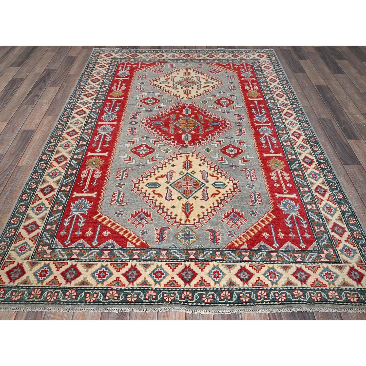 5'1"X7' Gray With Red Kazak Geometric Design Pure Wool Hand Knotted Rug