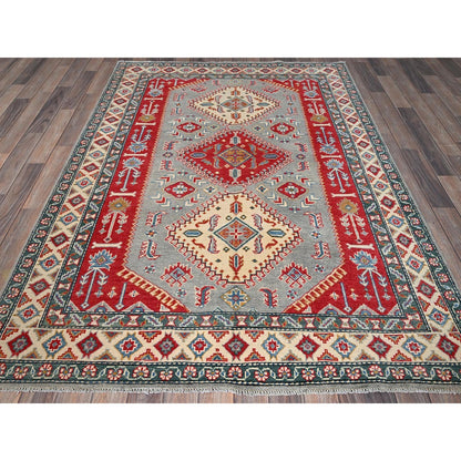 5'1"X7' Gray With Red Kazak Geometric Design Pure Wool Hand Knotted Rug