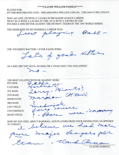 Claude Passeau Autographed Hand Filled Out Survey Page (Jsa)