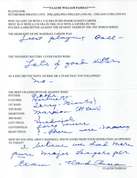 Claude Passeau Autographed Hand Filled Out Survey Page (Jsa)