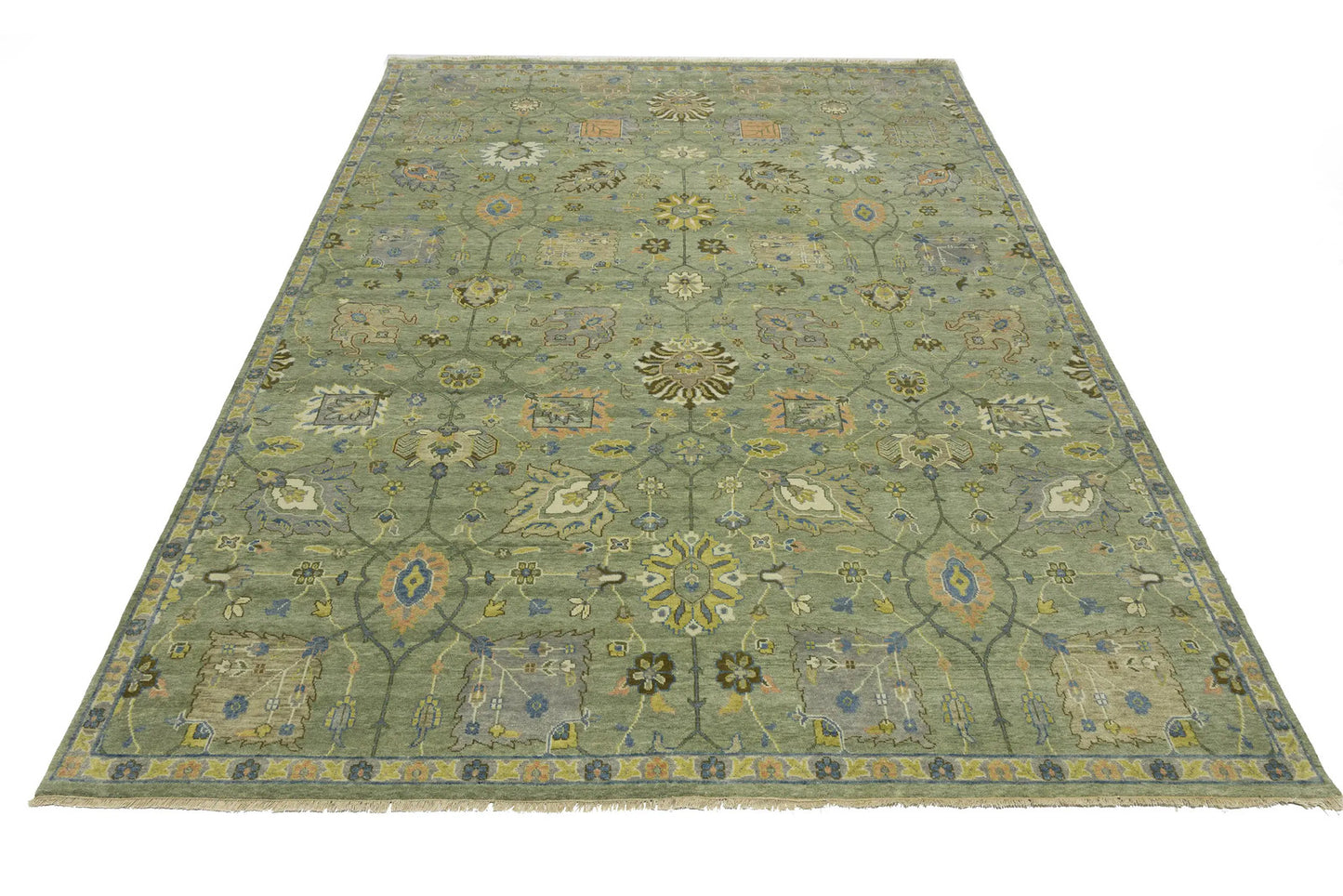 Carpet 9x12 ft Hand-Knotted Floral Green Chobi Design Oriental Rug Large
