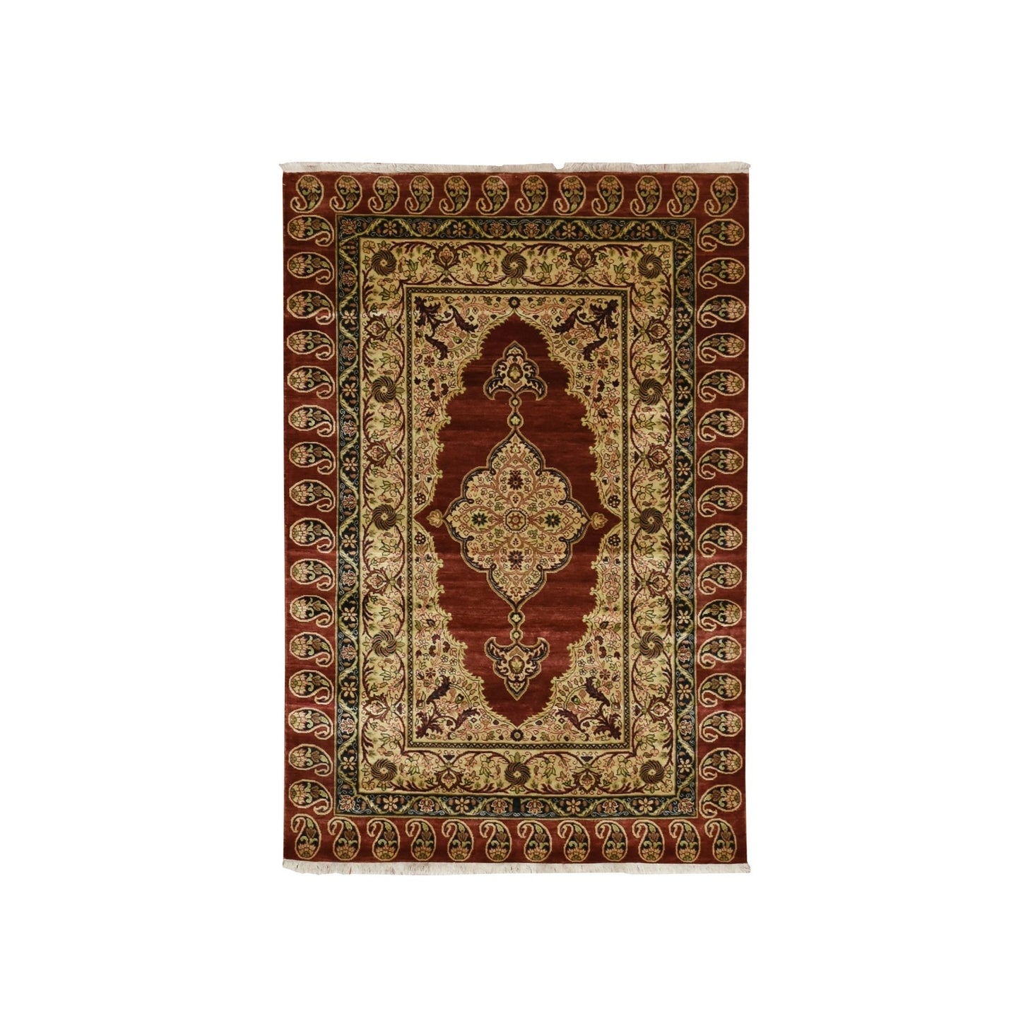 4'X6' Wine Red Pure Silk Tebraz Paisley Design Hand Knotted Oriental Rug
