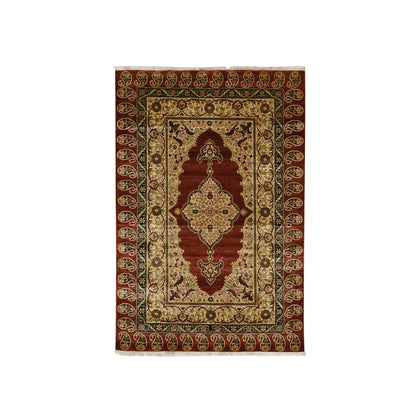 4'X6' Wine Red Pure Silk Tebraz Paisley Design Hand Knotted Oriental Rug