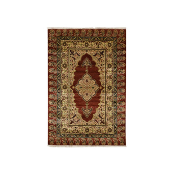 4'X6' Wine Red Pure Silk Tebraz Paisley Design Hand Knotted Oriental Rug