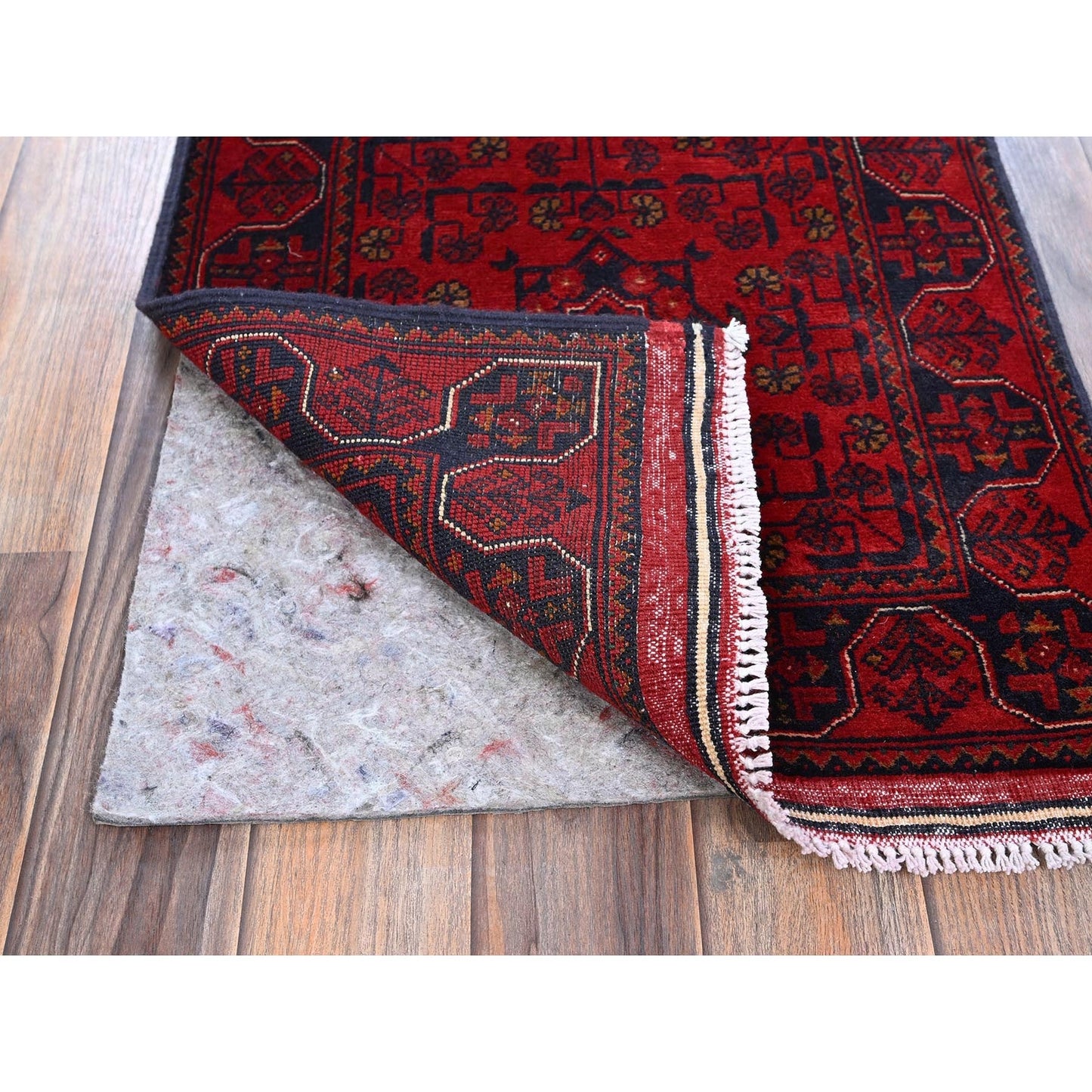 1'9"X4'9" Red Afghan Khamyab Geometric Pattern Hand Knotted Wool Runner Rug