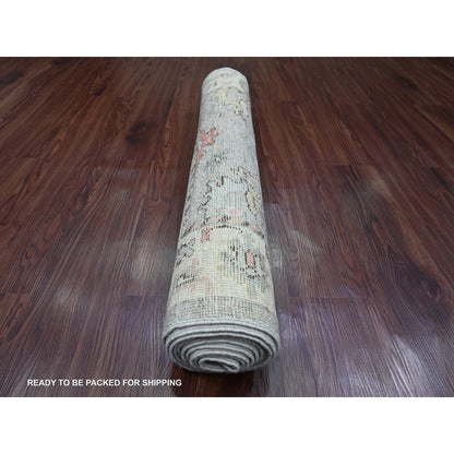 3'X9'8" Coin Gray Afghan Angora Oushak Hand Knotted Pure Wool Runner Rug