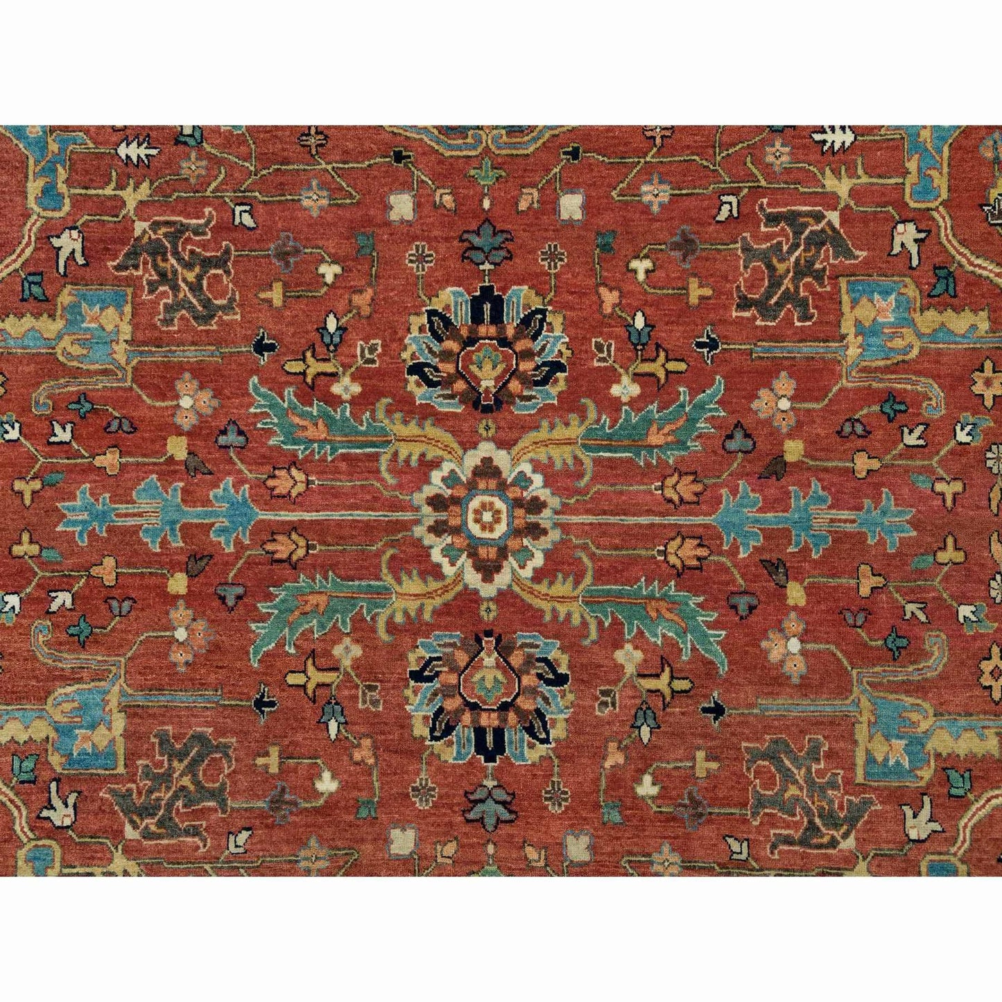 10'X10' Henna Red Antiqued Heris Hand Knotted Wool Square Oriental Rug