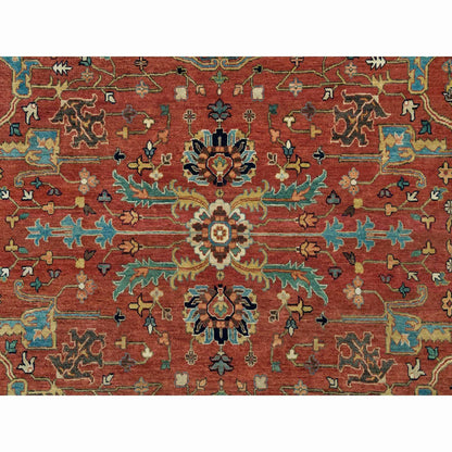 10'X10' Henna Red Antiqued Heris Hand Knotted Wool Square Oriental Rug