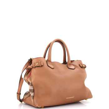 Burberry Banner Tote Leather And House Check Canvas Medium