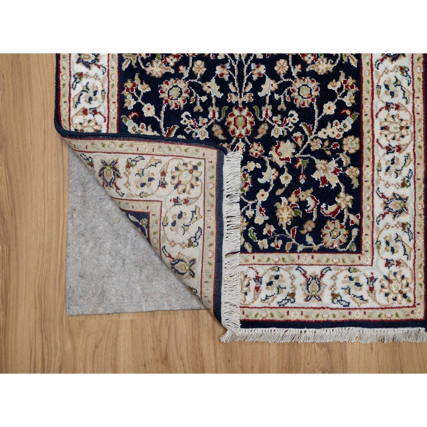 2'7"X16' Blue Nain Floral Design Wool And Silk Hand Knotted Runner Rug