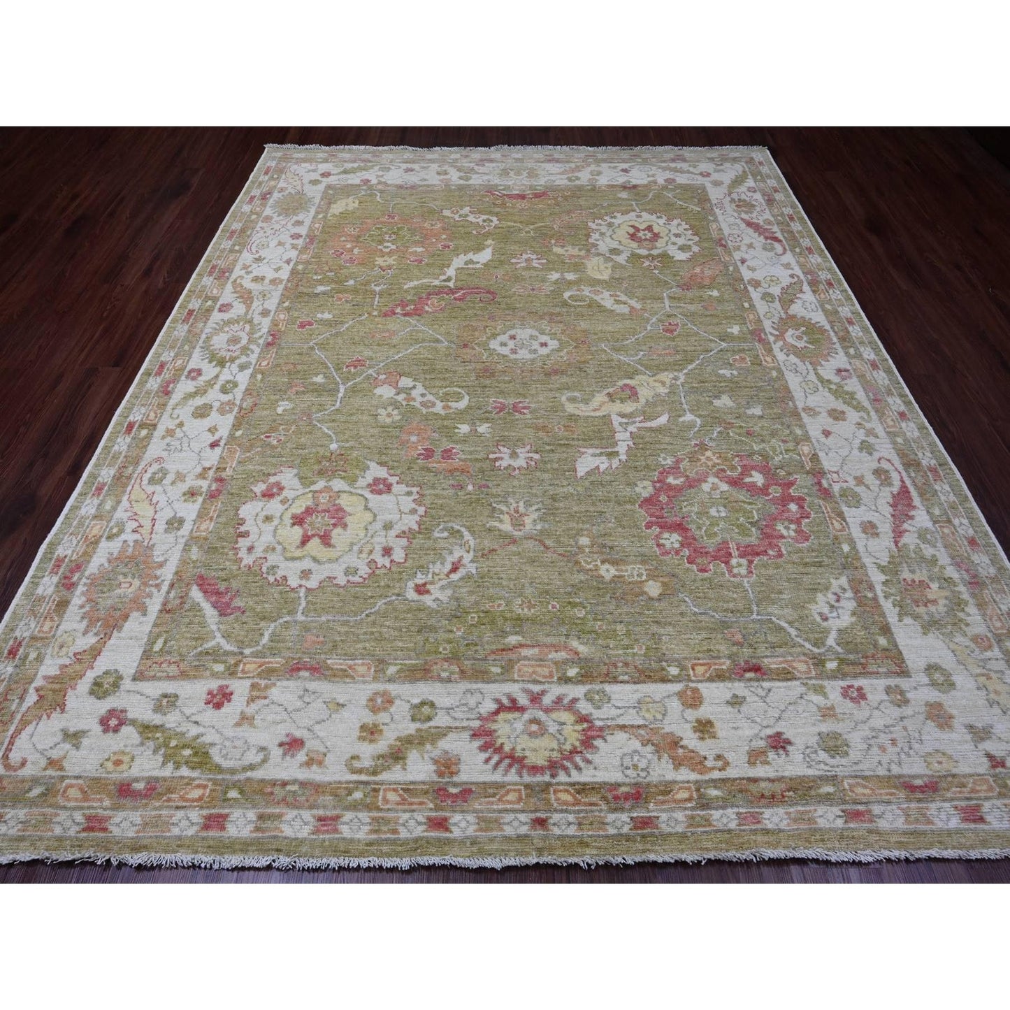8'1"X9'7" Green Afghan Angora Oushak Leaf Design Wool Hand Knotted Rug