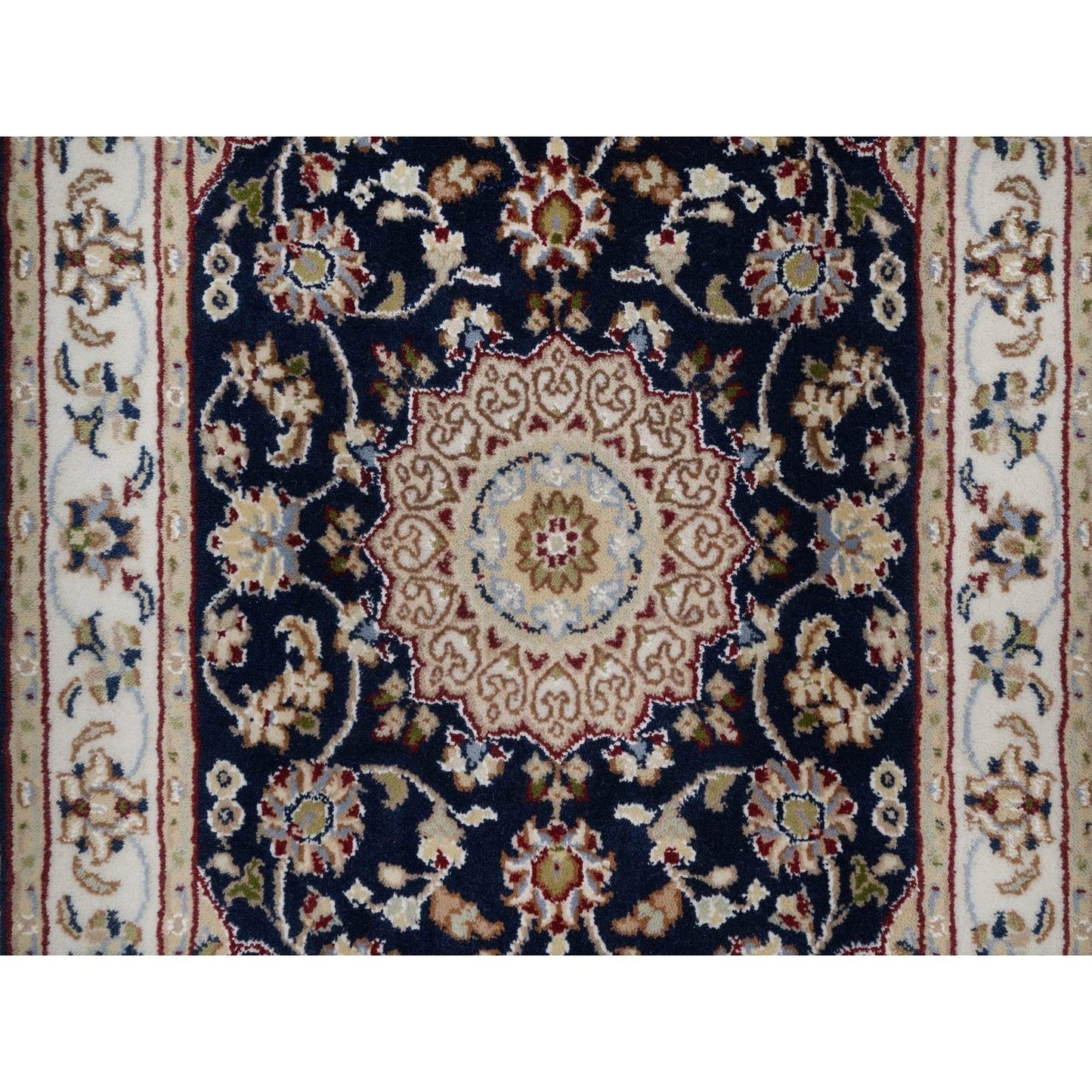 2'1"X3'2" Navy Nain Medallion Design Wool And Silk Hand Knotted Mat Rug