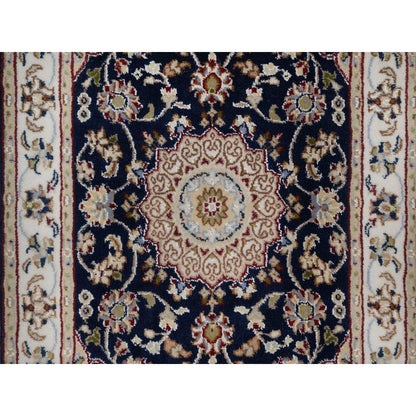 2'1"X3'2" Navy Nain Medallion Design Wool And Silk Hand Knotted Mat Rug