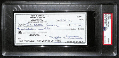 Johnny Unitas Signed 4/30/02 Check Psa/Dna Mint 9
