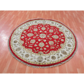 6'X6' Red Rajasthan All Over Pattern Hand Knotted Wool Silk Round Rug