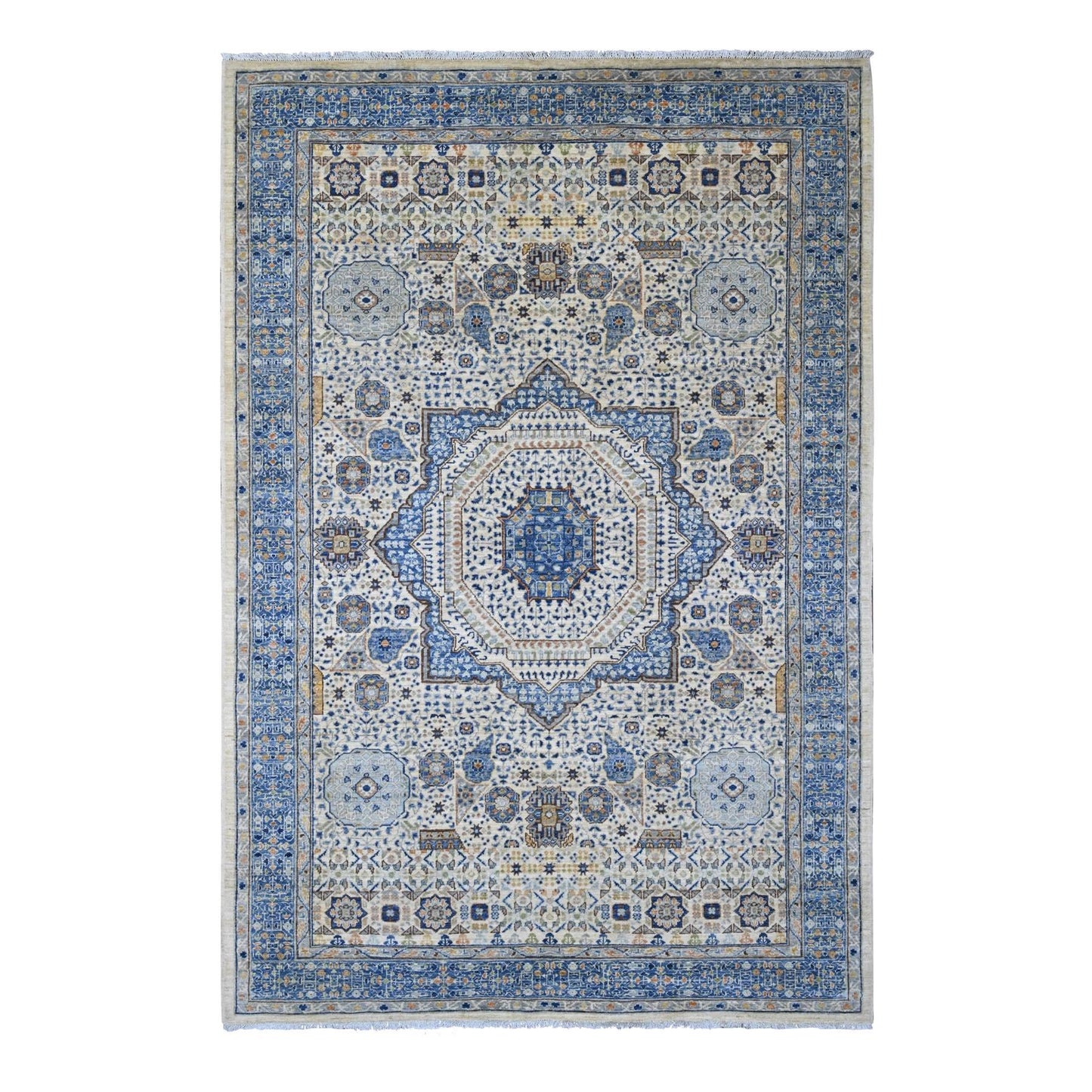 5'10"x8'8" White Mamluk Dynasty Pattern Star Design Hand Knotted Wool Rug